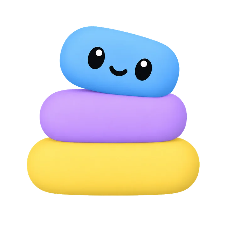 Knute, a smiling stack of three soft pills: yellow at the base, purple in the middle and a blue head.